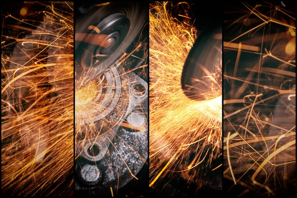 Collage Four Photos Close Welder Cuts Metal Angle Grinder Sparks — Stock Photo, Image