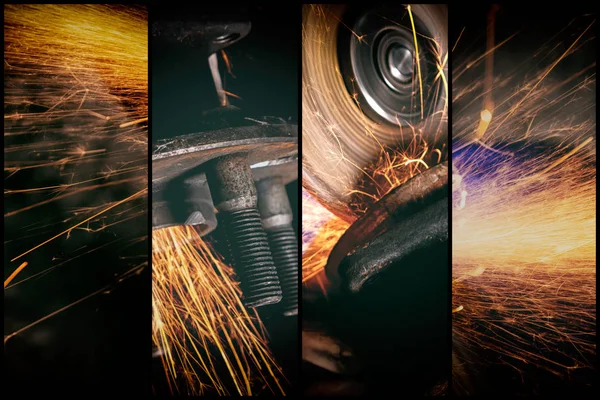 Eine Collage Aus Vier Fotos Eine Nahaufnahme Der Der Schweißer — Stockfoto