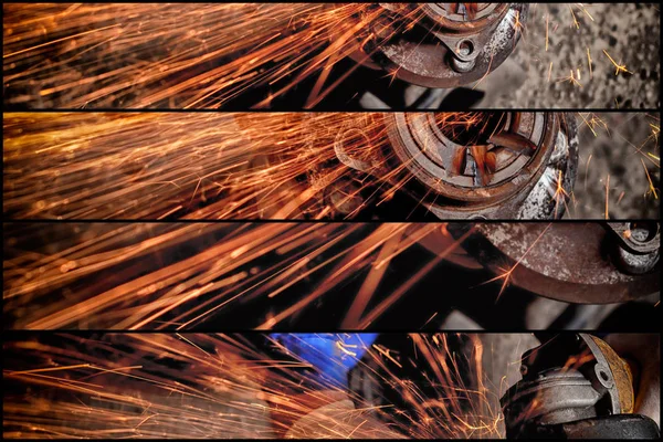 Collage Four Photos Close Welder Cuts Metal Angle Grinder Sparks — Stock Photo, Image