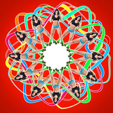 Kolaj, kaleydoskop: genç kadın fitness modeli yeşil spor top, şort parlak pop sanat geometrik pembe bir arka plan müzik tarzı onun basın gösterir. Konu Zine kültür spor kavram.