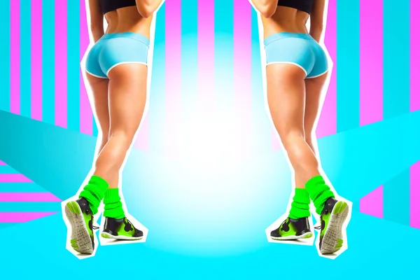 Slender narrow woman.Close up strong beautiful ass of a young sporty woman in bright shorts on a bright pop art geometric background in the music style.Sports concept on topic Zine culture.