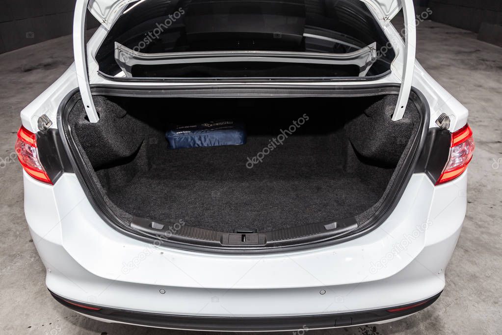 Novosibirsk, Russia -February 01, 2019: Ford Mondeo, close-up of the luggage boot, front view. Photography of a modern car on a parking in Novosibirs