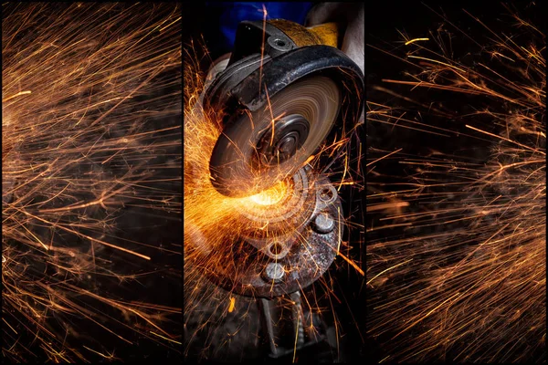 Collage Four Photos Close Welder Cuts Metal Angle Grinder Sparks — Stock Photo, Image