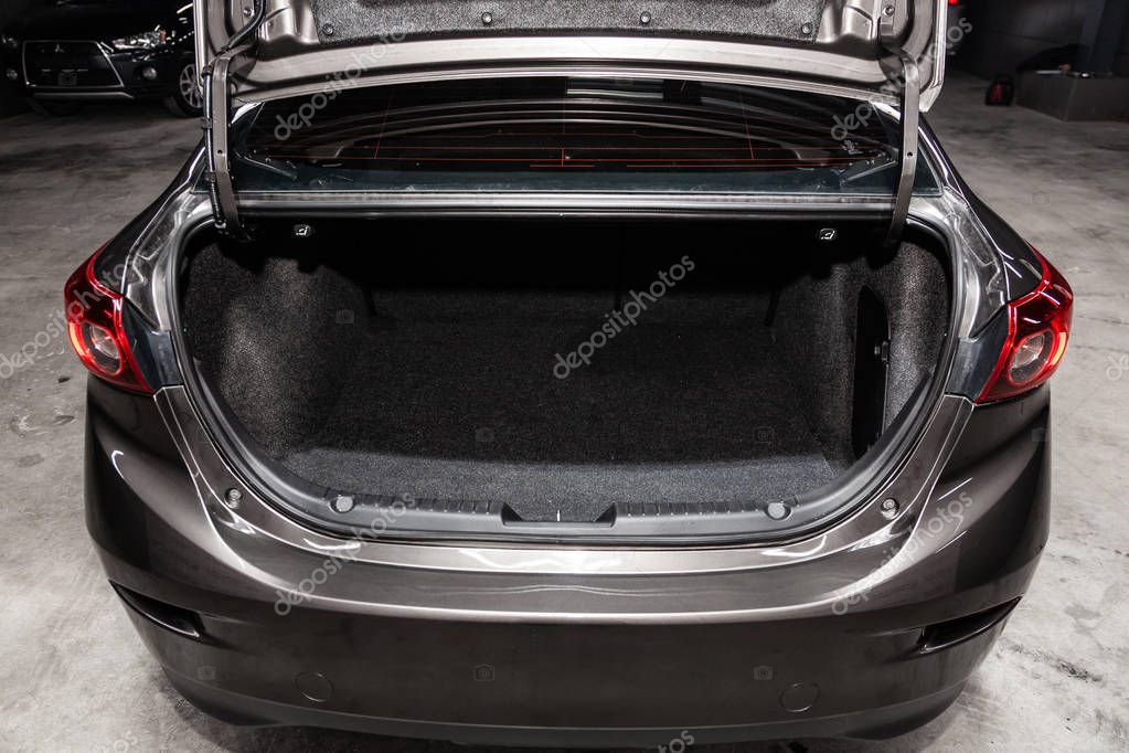 Novosibirsk, Russia - February 05, 2019:  Mazda 3,  close-up of the luggage boot, front view. Photography of a modern car on a parking in Novosibirs