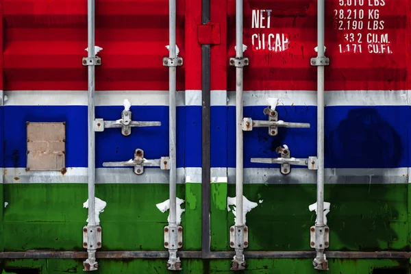 Närbild Behållaren Med Gambia Flagga Begreppet Gambia Exportera Importera Och — Stockfoto
