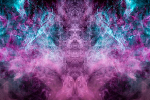 Mocap for cool t-shirts. Thick colorful blue and pink smoke  in the form of a monster on a black isolated background. Background from the smoke of vape