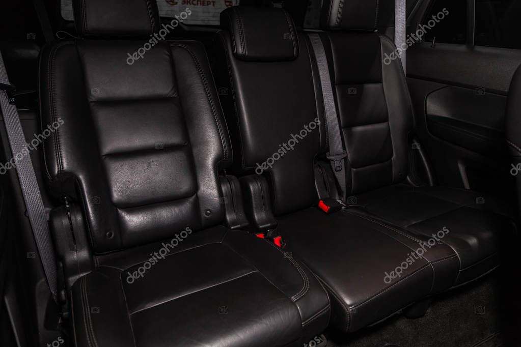 Novosibirsk, Russia - February 10, 2019:  Ford Explorer, close-up of the rear seats. Photography of a modern car on a parking in Novosibirs