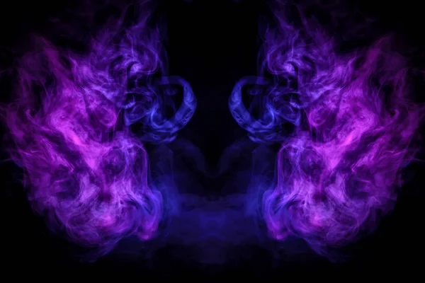 Fantasy print for clothes: t-shirts, sweatshirts.  Colorful pink and blue smoke in the form of a skull, monster, dragon on a black isolated background. Background from the smoke of vap