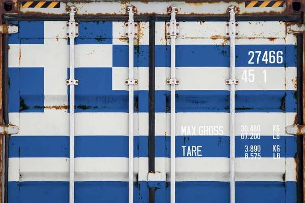 그리스의 국기와 컨테이너의 클로즈업 그리스 수출입 납품의 — 스톡 사진