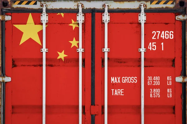 与中国国旗的集装箱特写 中国进出口理念与货物国产化 — 图库照片