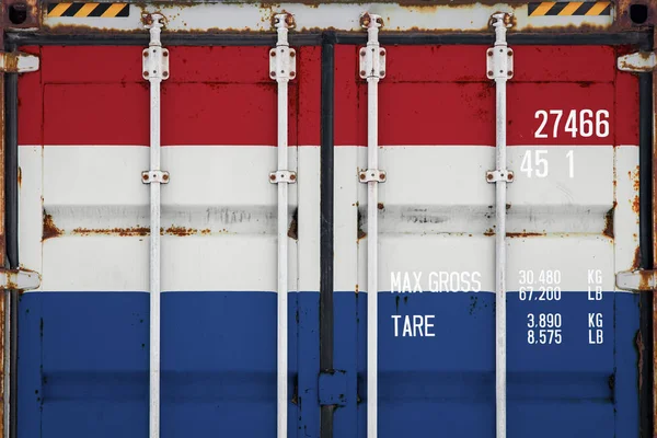 Close Recipiente Com Bandeira Nacional Dos Países Baixos Conceito Exportação — Fotografia de Stock