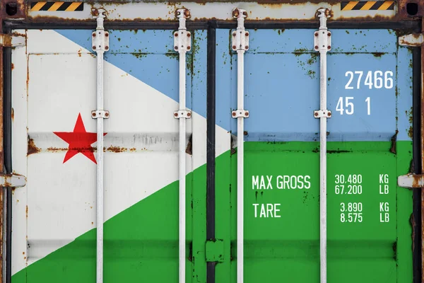 지부티의 국기와 컨테이너의 클로즈업 지부티 수출입 납품의 — 스톡 사진