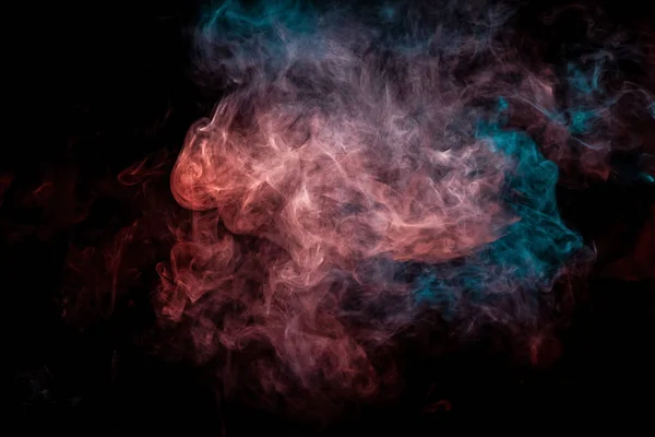 Thick colorful blue and red smoke  in the form of a butterfly on a black isolated background. Background from the smoke of vape. Mocap for cool t-shirt