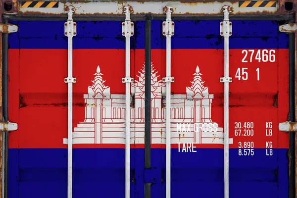 캄보디아의 국기와 컨테이너의 클로즈업 캄보디아 수출입 납품의 — 스톡 사진