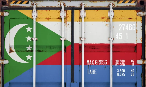 Närbild Behållaren Med Komorernas Flagga Begreppet Komorerna Exportera Importera Och — Stockfoto