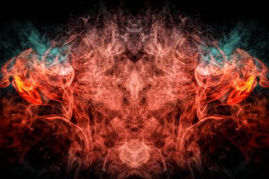 Kırmızı ve mavi bulut duman siyah arka plan bir kafatası, canavar, dragon siyah yalıtılmış zemin şeklinde izole. MoCap cool t-shirt için