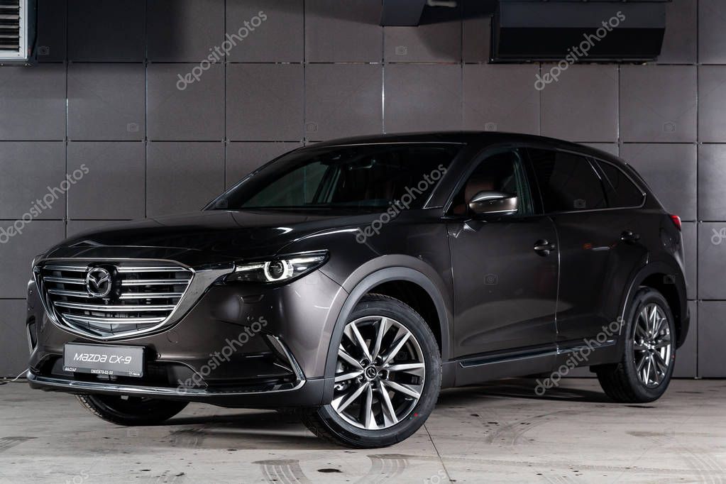 Novosibirsk, Russia - March 15, 2019:  Mazda CX-9, front view. Photography of a modern car on a parking in Novosibirs