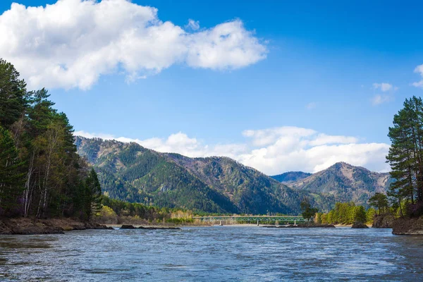 Panoráma Mountain River Híd Előtt Hegység Nemzeti Park Altaj Köztársaság — Stock Fotó