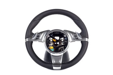 Yakın çekim siyah el yapımı çok işlevli telefon kontrol düğmeleri ile hakiki deri ve diğer ayarları beyaz izole arka planda, önden görünüm yapılmış.