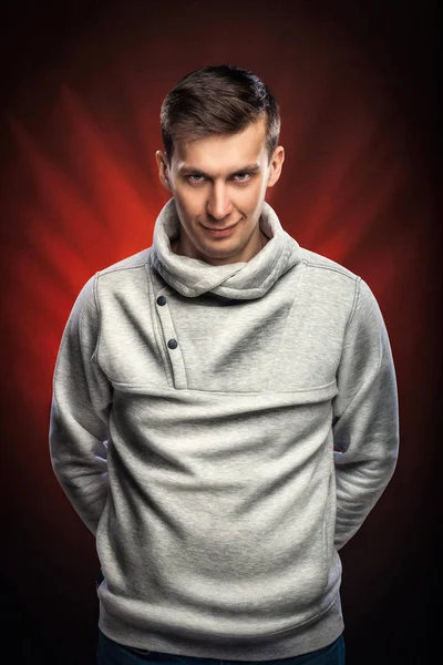 Portrait Young Man Attentive Appraisal Look Gray Sweatshirt Looking Camet — Stock Photo, Image