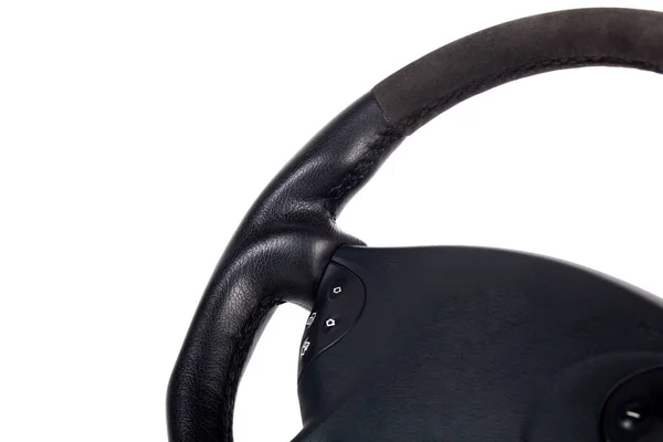 電話コントロール ボタンで本物の革と白い分離の背景 正面の他の設定で作られたクローズ アップ黒手作り多機能ホイール — ストック写真