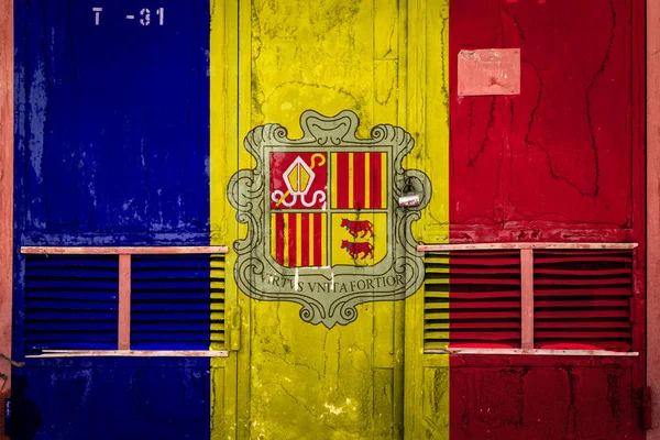 Close Old Warehouse Gate National Flag Andorra Concept Andorra Export — Stock Photo, Image