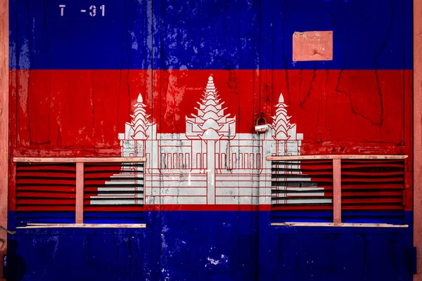 캄보디아의 국기와 게이트의 클로즈업 캄보디아 수출입 제품의 납품의 스타일 플래그 — 스톡 사진