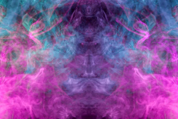 Fantasy print for clothes: t-shirts, sweatshirts.  Colorful pink and blue smoke in the form of a skull, monster, dragon on a black isolated background. Background from the smoke of vap