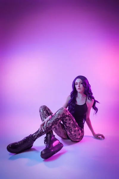 Beautiful Woman Long Purple Hair Black Underwear Pantyhose Posing Attractive — Stock Photo, Image