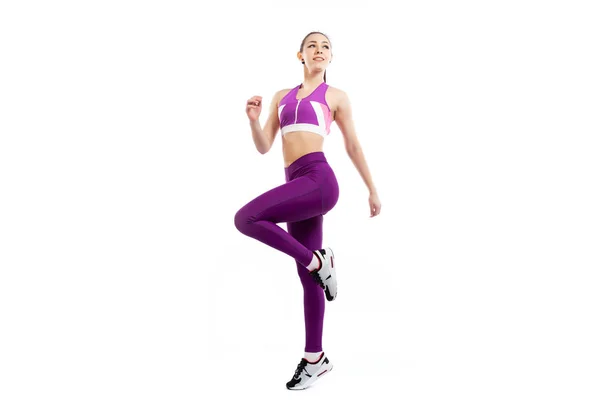 Eine Dunkelhaarige Trainerin Einem Sportlich Pinkfarbenen Kurzen Top Und Turnhosen — Stockfoto