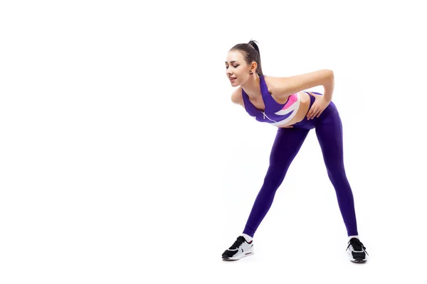 Dark Haired Woman Coach Sporty Purple Short Top Gym Leggings — Stock Photo, Image