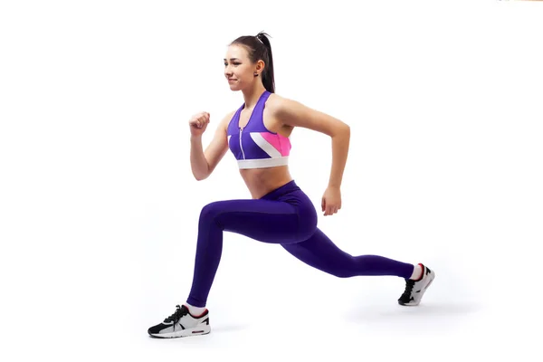 Uma Treinadora Cabelos Escuros Top Curto Roxo Esportivo Leggings Ginásio — Fotografia de Stock