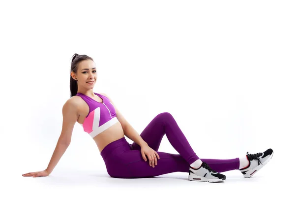 Una Mujer Entrenadora Morena Top Corto Deportivo Rosa Polainas Gimnasio — Foto de Stock