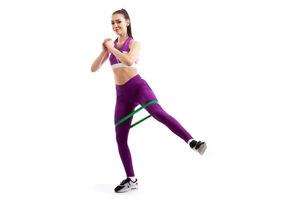 Dark Haired Woman Coach Sporty Purple Short Top Gym Leggings — Stock Photo, Image