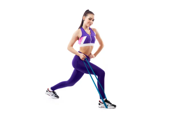 Allenatore Donna Dai Capelli Scuri Top Corto Viola Sportivo Leggings — Foto Stock