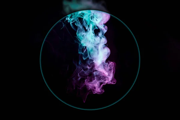 Close Colorful Pink Blue Smoke Blown Magnifying Glass Black Isolated — Stock Photo, Image