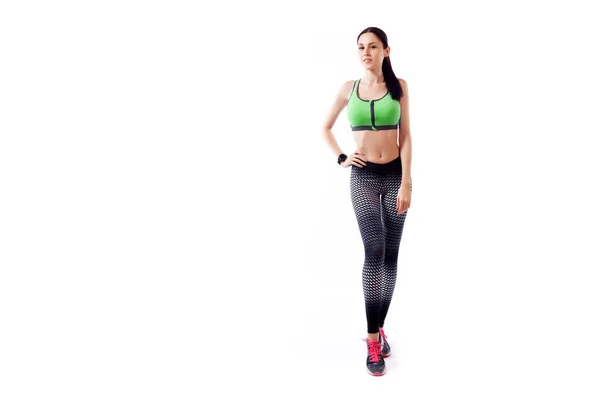Young Slim Woman Athlete Sporty Green Short Top Gym Leggings — Stock Photo, Image