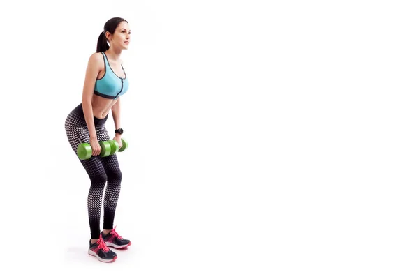 Junge Frau Sportkleidung Macht Kreuzheben Mit Gewichten Hantel Semi Sitting — Stockfoto