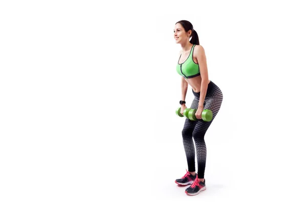 Young Woman Sports Clothes Makes Deadlift Weights Dumbbell Semi Sitting — Stock Photo, Image