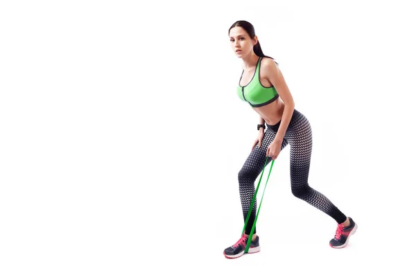 Una Entrenadora Cabello Oscuro Top Corto Deportivo Rosa Gimnasio Muestra —  Fotos de Stock