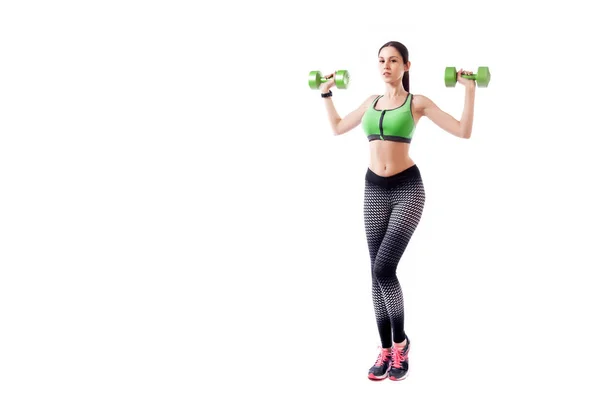 Sportieve Jongedame Fitness Model Brunette Doen Oefening Met Halter Biceps — Stockfoto