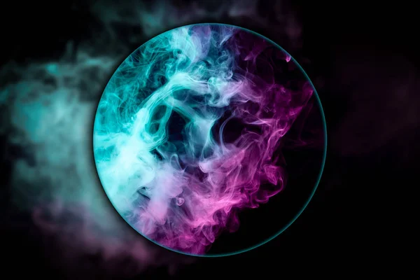 Close Thick Pink Blue Smoke Blown Magnifying Glass Black Isolated — Stock Photo, Image