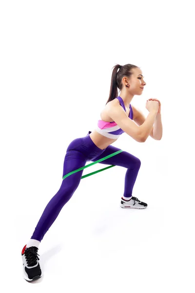 Sporty Woman Does Exercises Legs Makes Lunges Sport Fitness Rubber — Stock Photo, Image