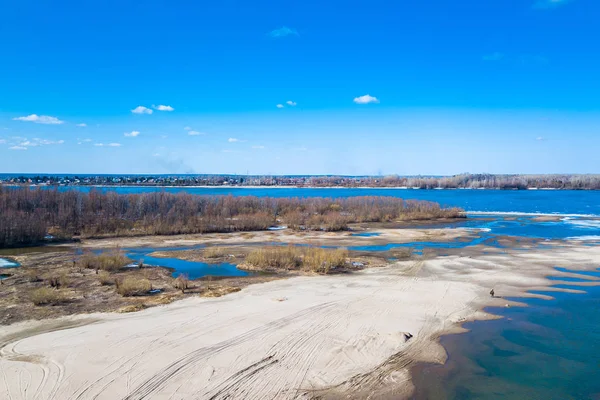 Havadan görünümü: nehir, plaj ve orman manzara, drone güzel doğa doku üst görünümü