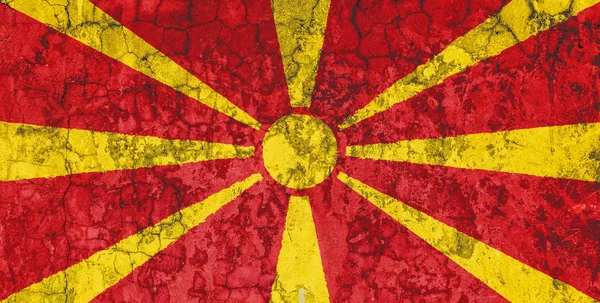 Bandeira Nacional Macedônia Fundo Antiga Parede Coberta Com Tinta Descascamento — Fotografia de Stock