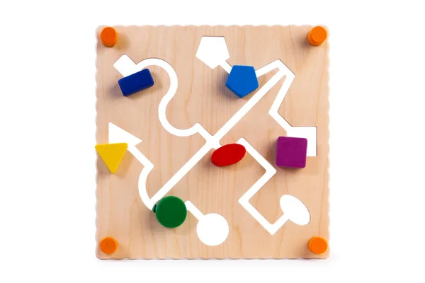 Primo Piano Labirinto Con Puzzle Multicolori Una Tavola Legno Occupato — Foto Stock