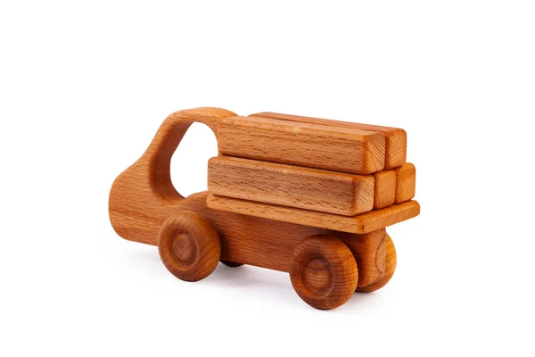 Photo Wooden Car Truck Loaded Small Wooden Rectangles Made Beech — Stock Photo, Image