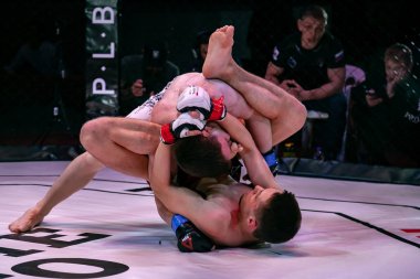 Novosibirsk, Rusya - 19 Nisan 2019: Salon of fam. Boxers dövüşçüleri, koyu renkli arka plandaki sirkte sekizgen halkada kuralsız dövüşlerde yerde güreştiler. Mma sürümüne göre kuralsız dövüşler