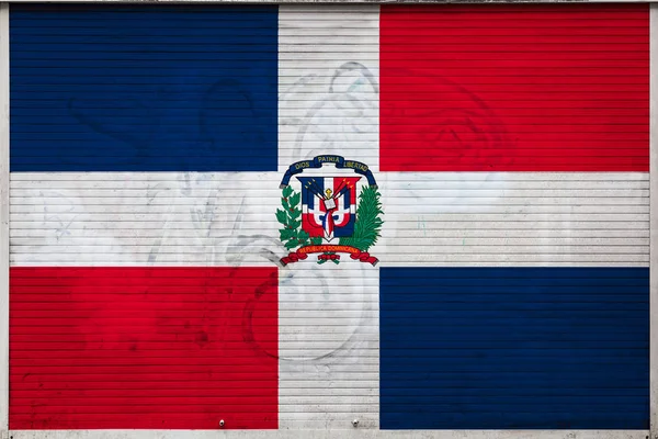 Close Parede Metal Velho Com Bandeira Nacional Dominicana Conceito Exportação — Fotografia de Stock