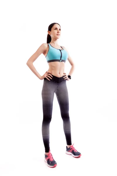 Young Slim Woman Athlete Sporty Green Short Top Gym Leggings — Stock Photo, Image